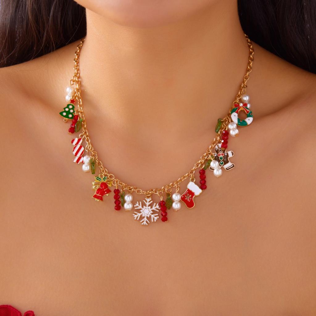 Christmas Snowflake Gingerbread Tree Pendant Necklace Snowman Reindeer Bell Soft Clay Crystal Beads Fringe Choker For Women Men