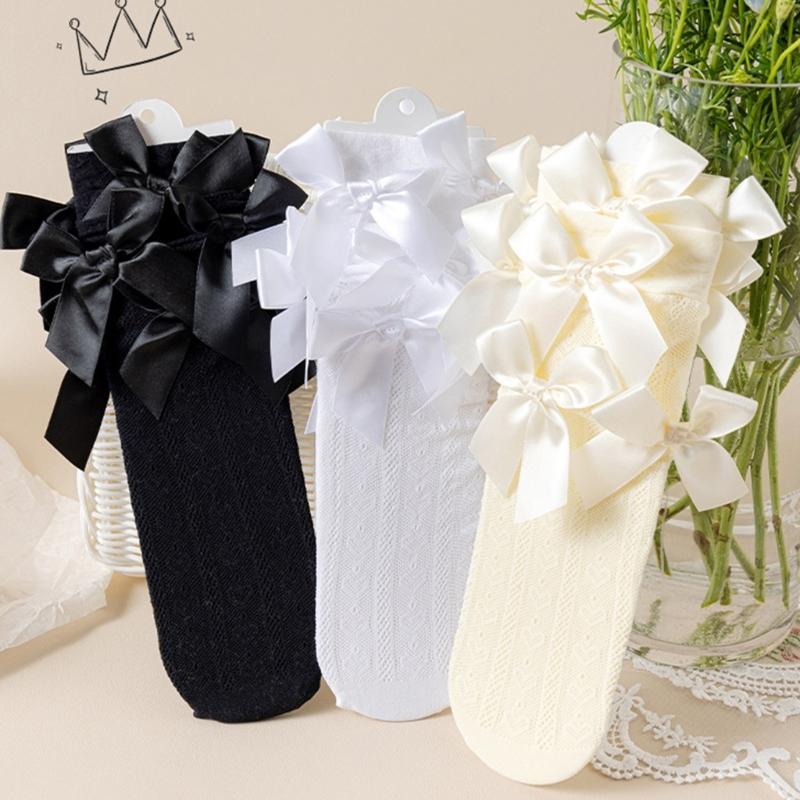 Lovely Girls Knee Length Socks for Youth, Sweet Bowknot Charm Middle Tube Socks for Stage Performances and Parties