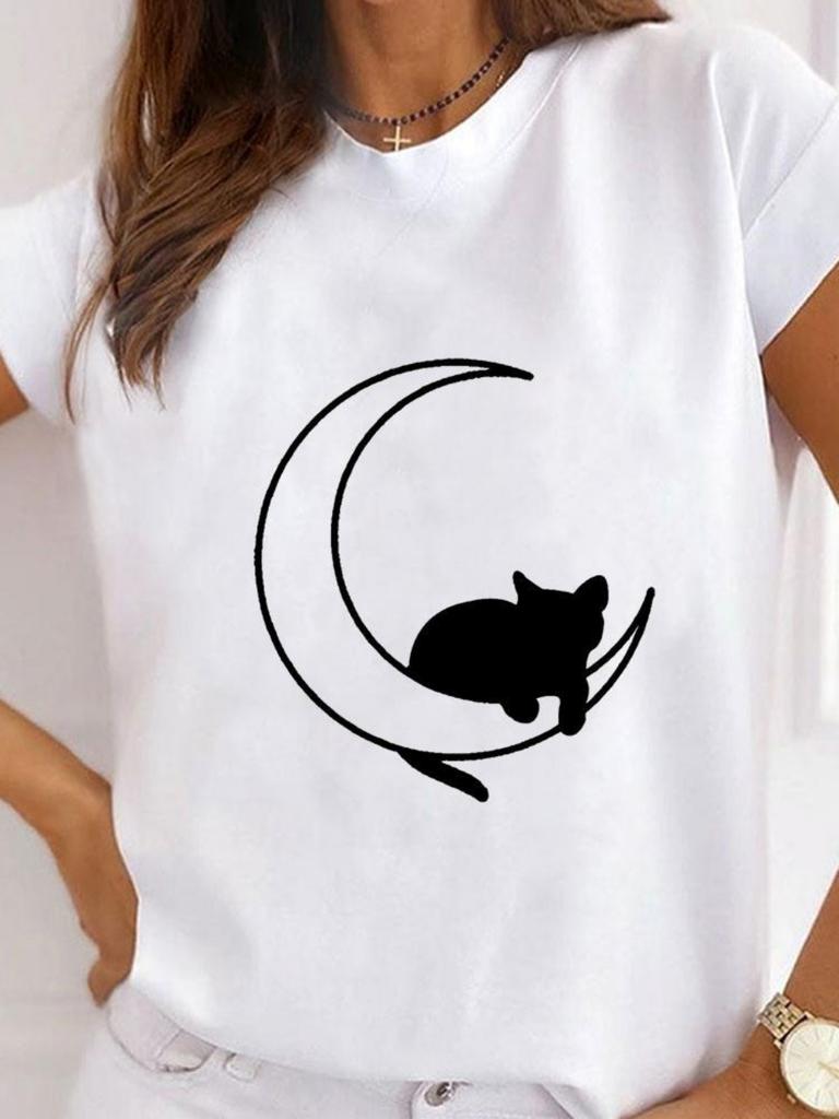 Fashionable Cartoon Cat Printed Womens Tshirt Fashionable Round Neck Top Casual Short Sleeved Womens Clothing