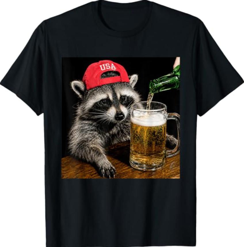 Funny Raccoon Drinking Beer Patriotic USA 4th of July T-Shirt S