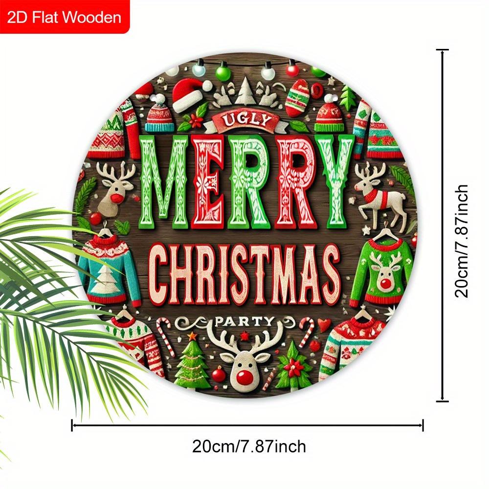2D Flat 1pc Winter Merry Christmas Sweater Logo Wooden Sign Decoration, Front Door Embossed Effect Wall Decoration, Suitable for Home Office, Garden