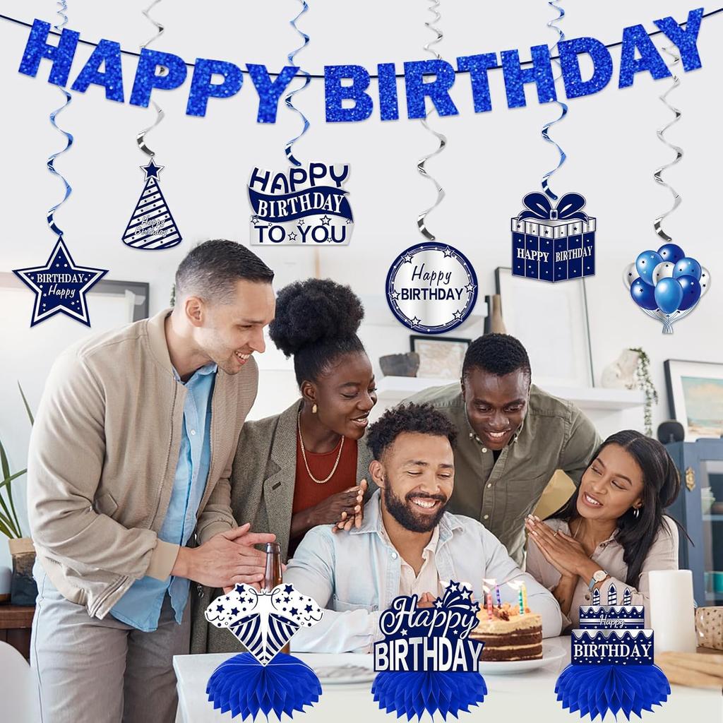 11Pcs Happy Birthday Decorations Kit for Men, Blue Sliver Happy Birthday Banner, Awesome Since Glitter Banner Party Supplies, Bday Decor Centerpieces