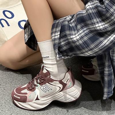 Fashion Trendy Brand Dad Shoes Women's Spring New Leather Mesh Breathable Thick Sole Heightening Casual Sports Running Shoes