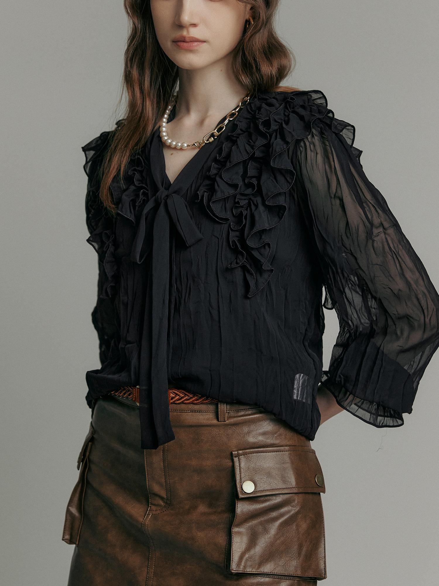 Maja Ruffle Voluminous Sleeve V-Neck Chiffon Blouse Black/Free