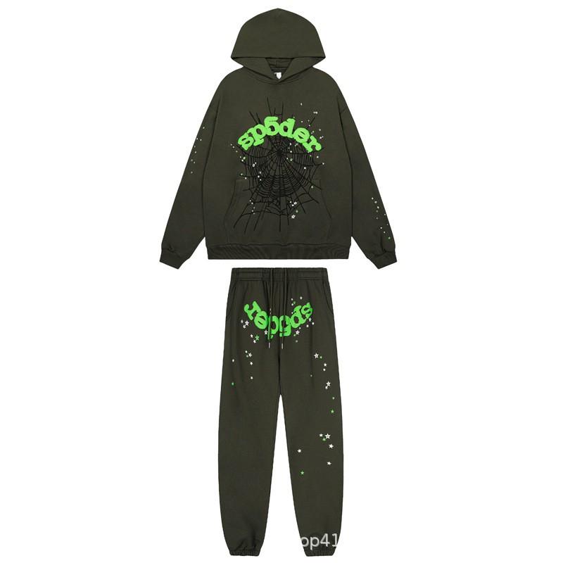 Mens Casual Hoodie Pants Set Thin Fit Spider Web Print Streetwear