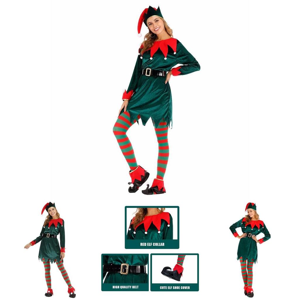 Women's Festive Xmas Elf Outfit Velvet Cosplay Costume With Bells
