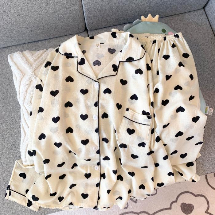 Moon Bear Cartoon Fashion Women's Pajamas Korean Style Casual Soft 2 PC Set Pajamas Autumn Long Sleepwear Lapel Neck New 2025