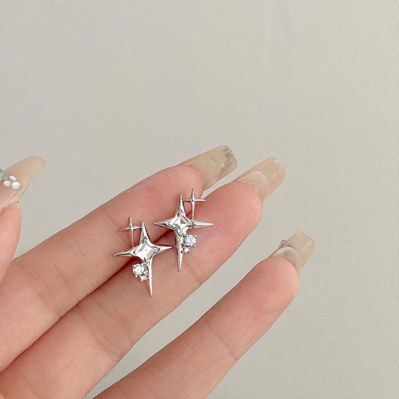 Metal Crossed Star Crystal Zircon Earrings for Women Girls Novel Geometric Four-Pointed Star Stud Earrings Party Jewelry