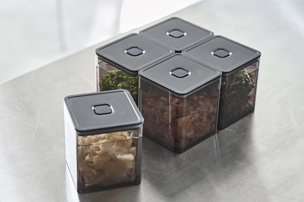 Yamazaki Tower Square Storage Container with Tongs and Valve, Black, Approx. W9.2 X D9.2 X H10.2cm, 5468, for Condiments and Seaweed