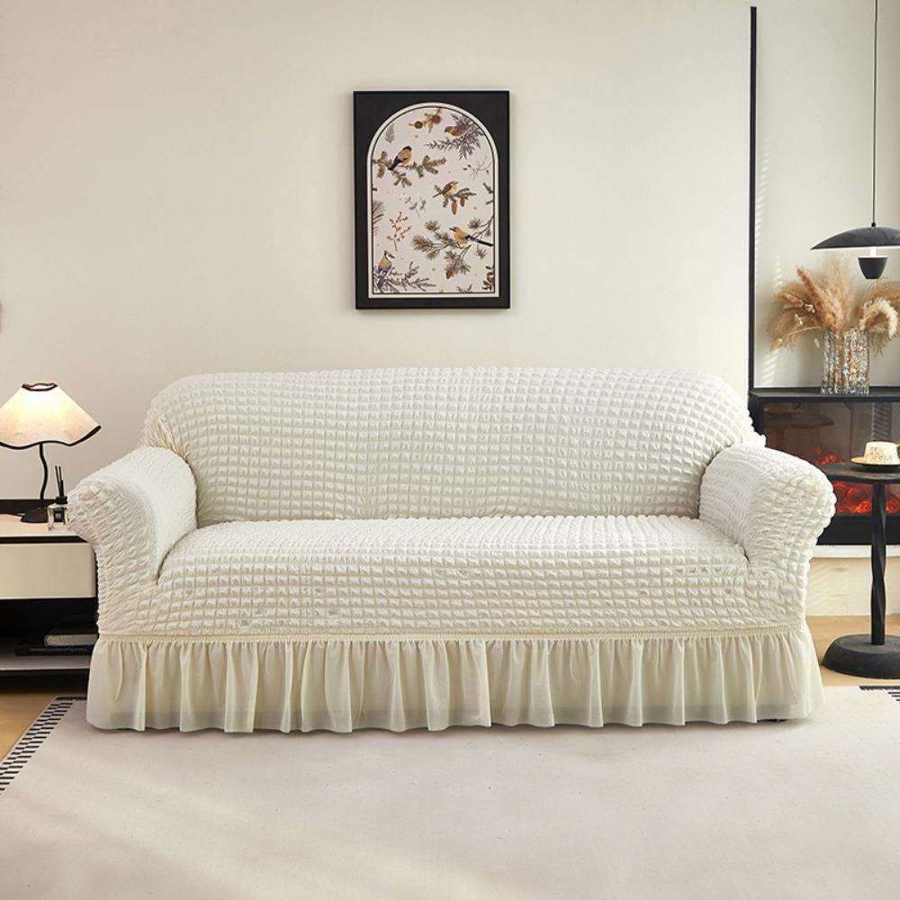 Premium Thick Bubble Gauze Sofa Cover Full Elastic Lace Trim Skirt Design All Season Stretchable
