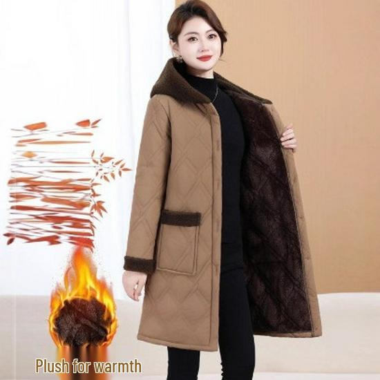 Warm Fleece-Lined Hooded Cotton Coat for Middle-Aged & Elderly Women