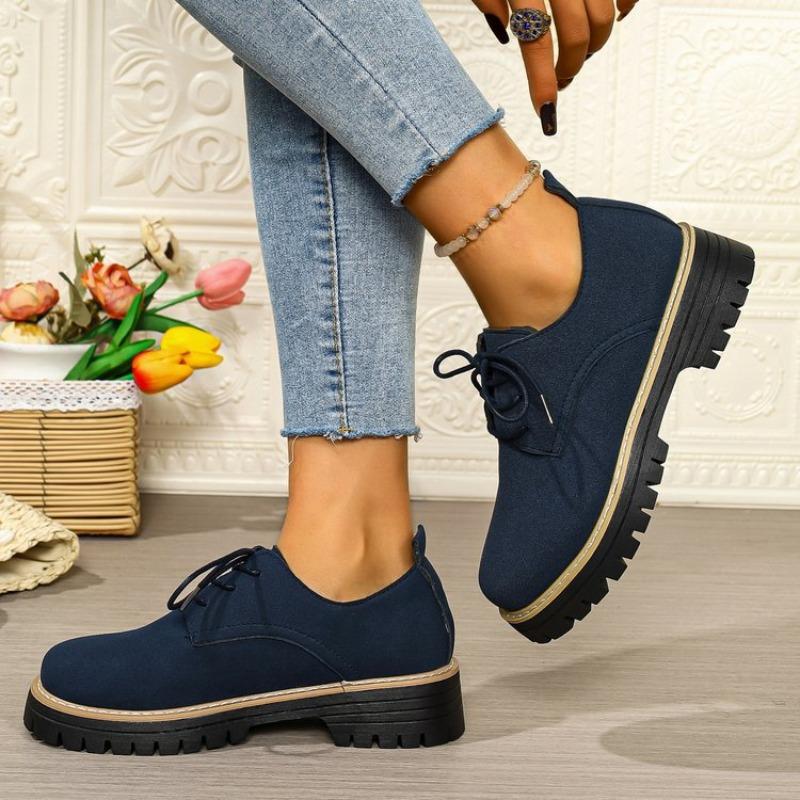Women Plus Size Lace Up Mid Heel Loafers Round Toe British Style New Autumn Leather Shoes