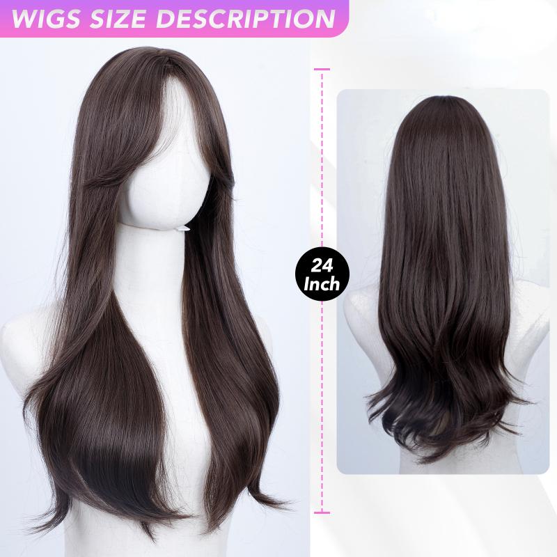 24 Inch Black Tea Curly Wigs Thick Bangs Separated Fiber Synthetic Heat-resistant Natural Party or Selfie For Women Korean Fashion