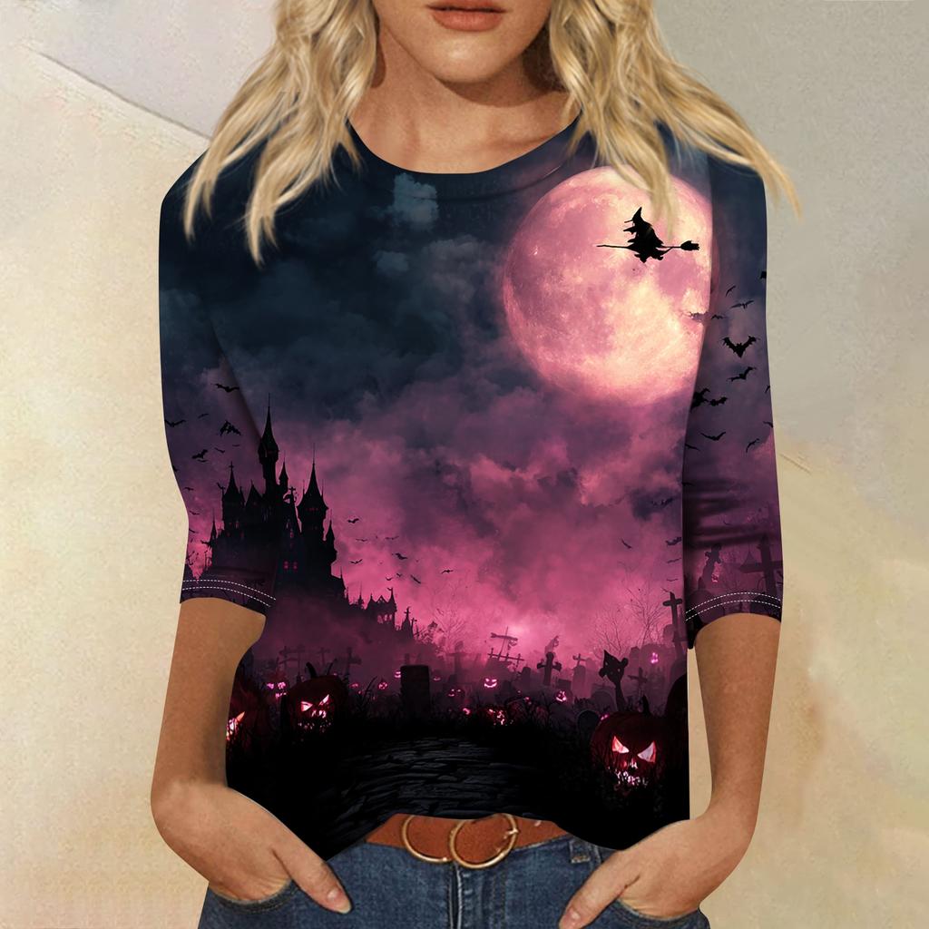 Women Casual Round Neck Halloween Print T Shirt Three Quarter Sleeve Top Lightweight Comfortable Fit Seasonal Graphic Tee