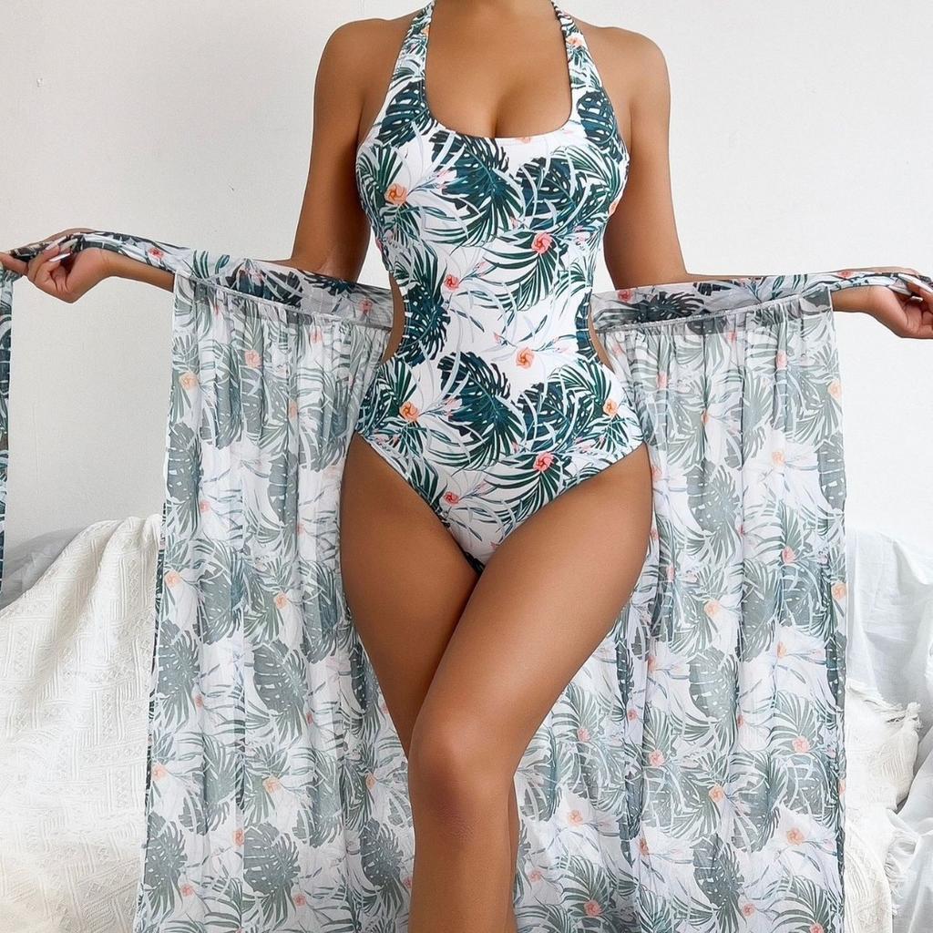 Charming Leaf Print Slit Knot Long Dress Halter Two Piece Bikini Swimsuit For Vacation
