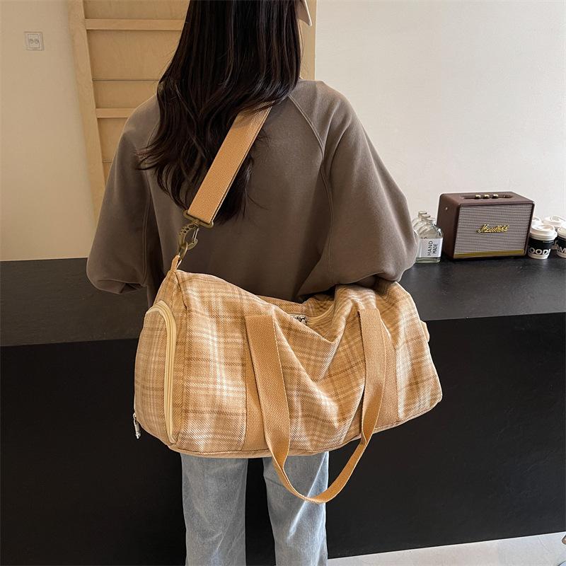 Women's Dry and Wet Separation Plaid Style Fitness Bag Strap Shoe Storage Large Capacity Casual Handbag Travel Bag Can Be Used for Pulling Rod