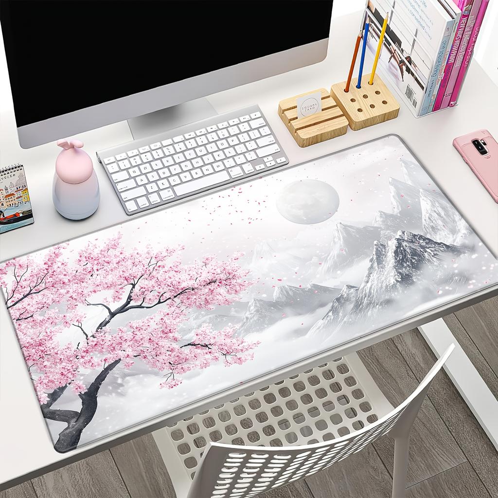 Sakura und Schneebirge Thema Muster Mauspads, Anti-Rutsch Gummiunterseite Game Pad, geeignet für Elektronische Spiele Home Office Nutzung