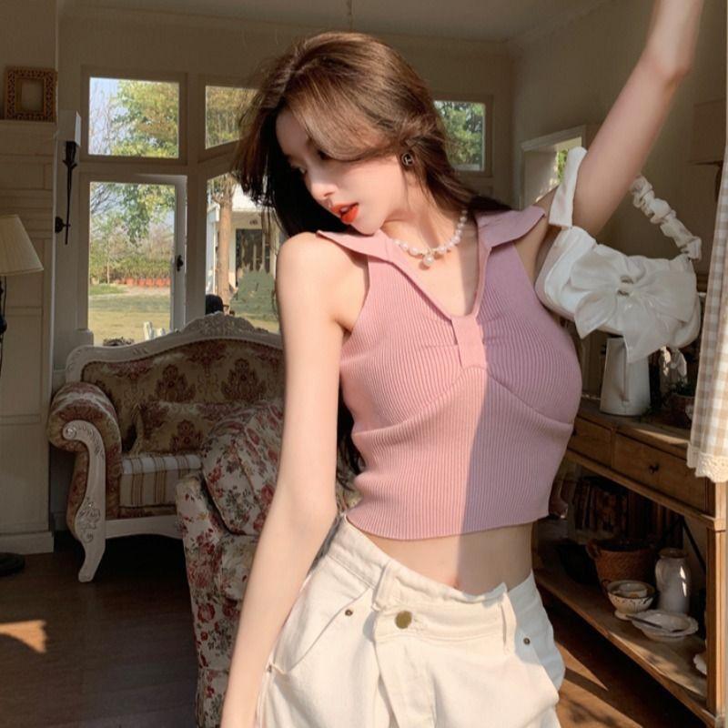 Camisole Tank Top Women's Summer Elegant Polo Collar Short Sleeveless Knitted Hot Girl Backless Top