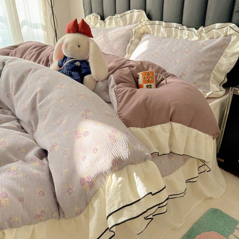 Sleep Grid Double-layer Yarn Wrinkled Yarn Korean Fresh Style Bed Skirt Four Piece Set