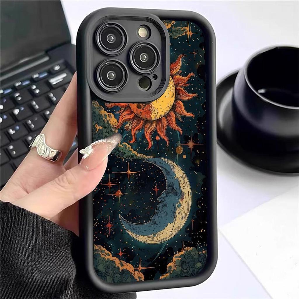 Universal Full Coverage Phone Case for Samsung & Apple (iPhone 17/16/15/14/13) - Sun Moon Black Groove Design