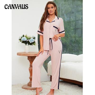 Women's Modal Pit Striped Cotton Leisure Comfortable Loose Pajamas Spring and Summer New Short-sleeved Loungewear Trousers Set
