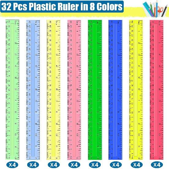 12 Inch Plastic Rulers, 32 PCS Transparent Assorted Color Metric Bulk Rulers with Inches Centimeters Millimeter. Measuring Drawing Tool for Kids,
