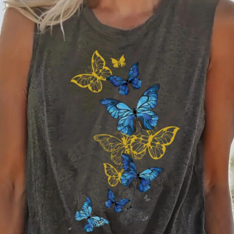 Summer Women Sleeveless Crew Neck Vest Black Contrast Red Blue Fish Motivational Text Print Soft Casual Tank Shirt