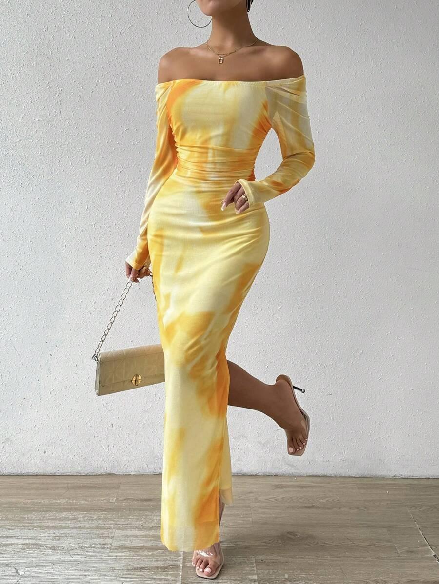 

European and American style yellow tie-dye slim-fitting long-sleeved dress women s fashion elegant split-ended medium and long hip skirt XS