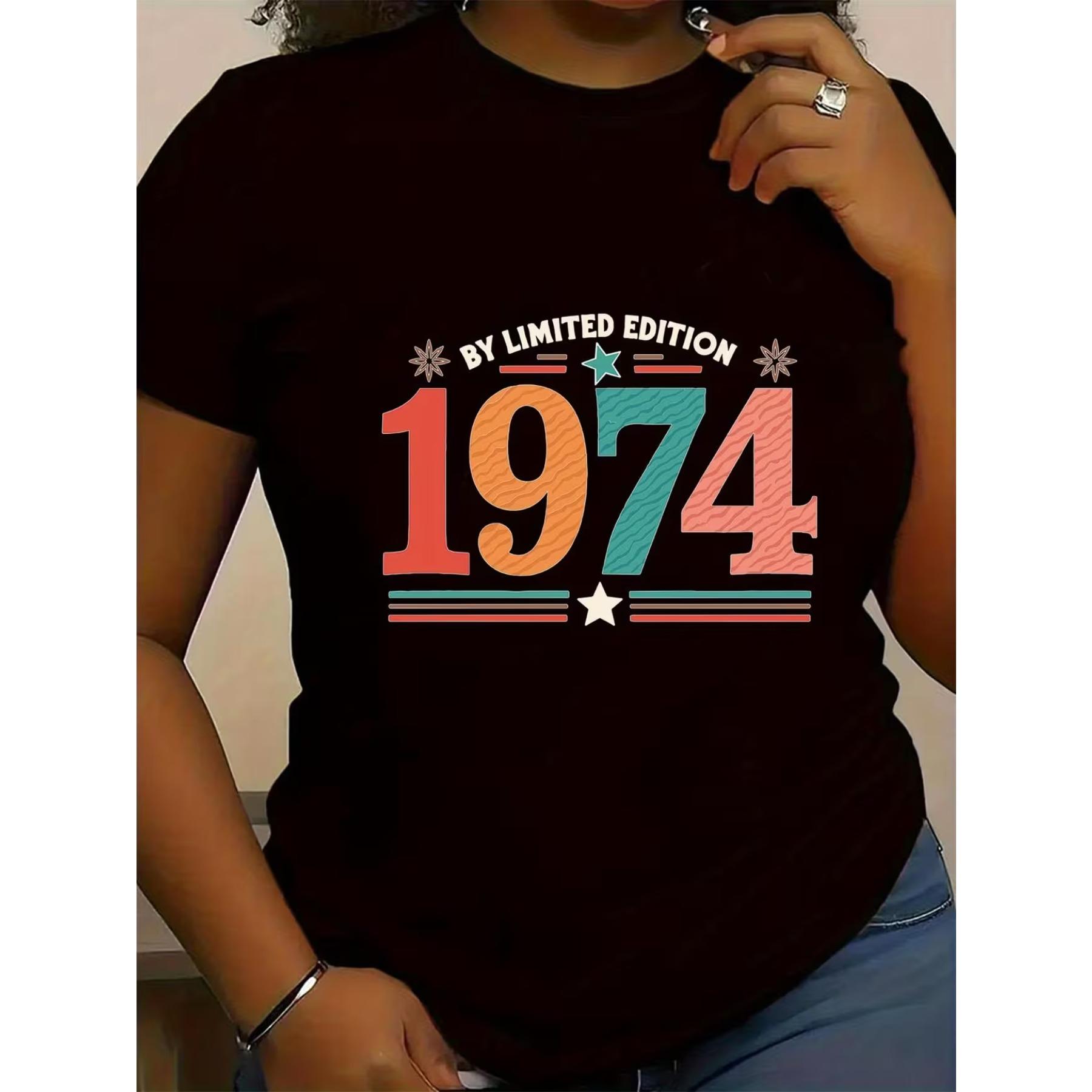 

1974 Limited Edition Women s Oversized T-Shirt - Black Vintage 1974 Graphic Tee with Colorful Retro Print, Plus Size Short Sleeve Crew Neck Top XXL