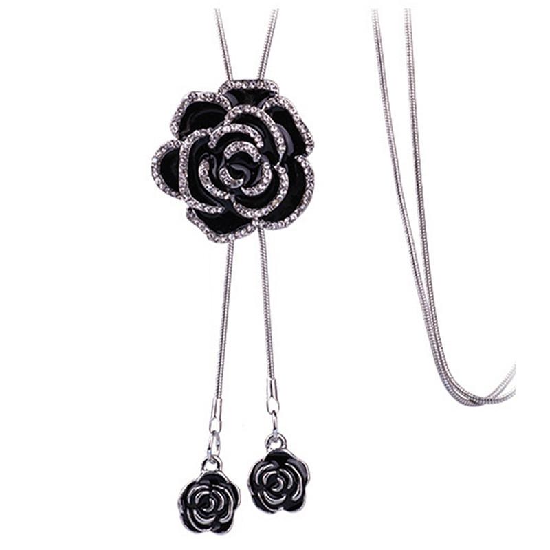 Romantic Rose Pendant Long Chain Necklace With Alloy Flower For Women Jewelry Gift