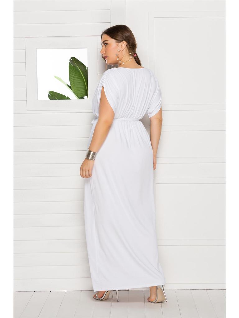Plus Size Women’s Solid V-Neck Evening Dress, Sexy Loose Fit with Large Hem
