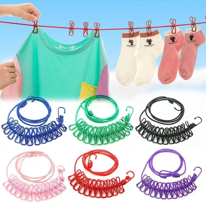 Portable Clothesline with 12 Clips Elastic Retractable Laundry Drying Rope Wind-Proof Clothes Hanging Line for Outdoor