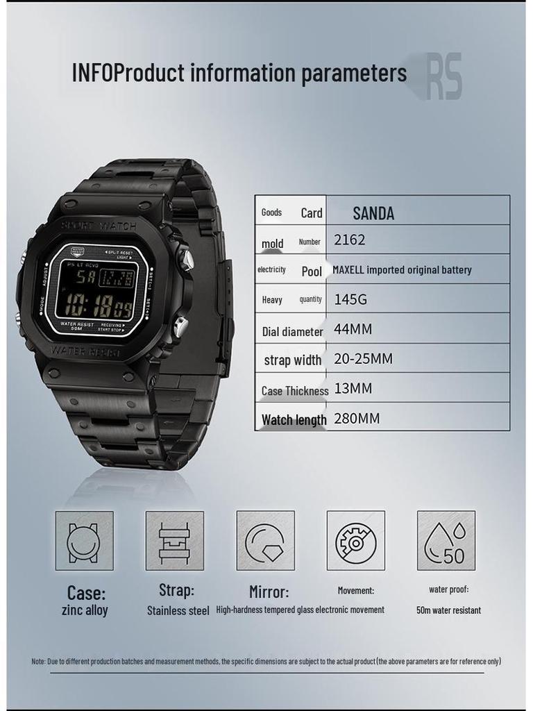 Sanda Men's Square Waterproof Electronic Watch with Fashionable Light and Alarm Clock.