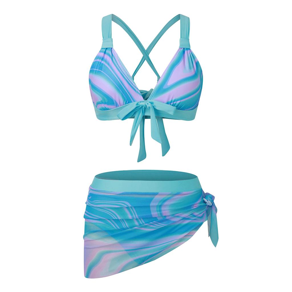 Damen V-Ausschnitt Sexy Badeanzüge Dreiteilige Outfits Push-Up Hohe Taille Bikini-Sets Hosenträger Bedruckte Bademode Tankinis Set