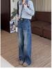 Plus Size Retro Wide-Leg Fleece-Lined Denim Pants for Women - Autumn/Winter
