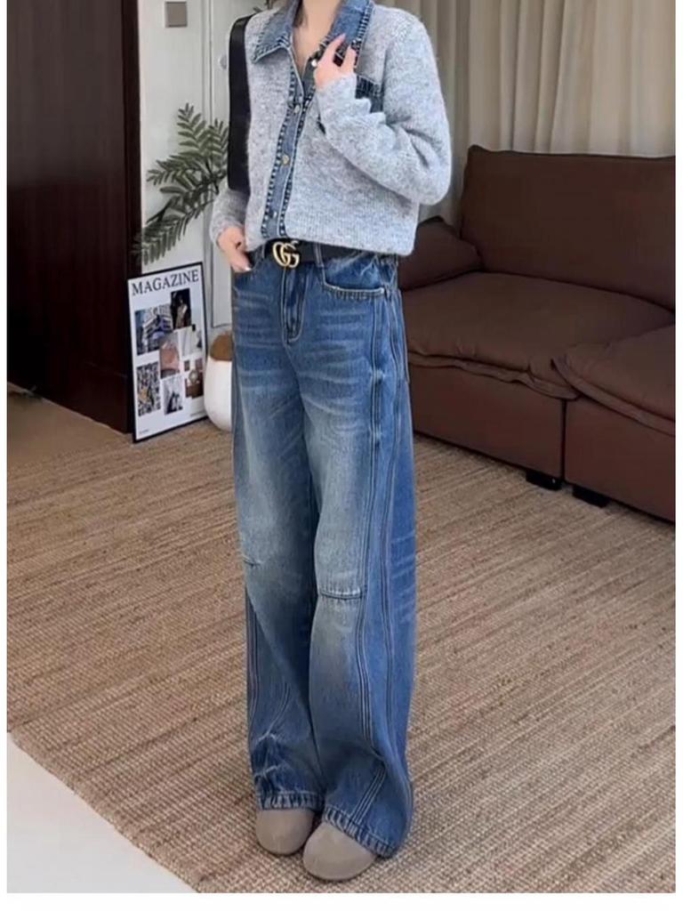 Plus Size Retro Wide-Leg Fleece-Lined Denim Pants for Women - Autumn/Winter