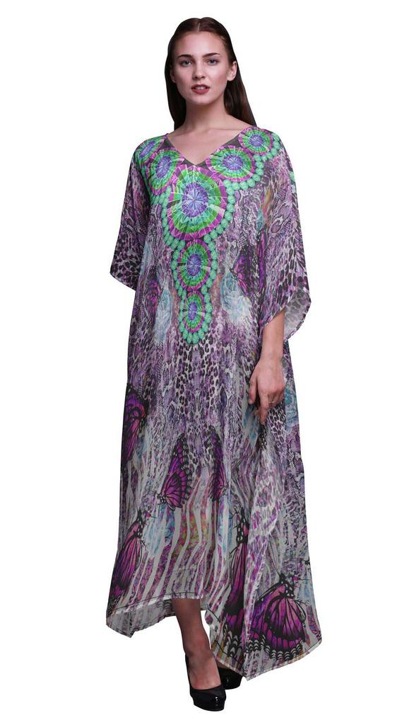 Phagun Butterflies & Leopard Animal Skin Beach Kaftan Bikini Cover Up Womena    S Maxi Dress Long