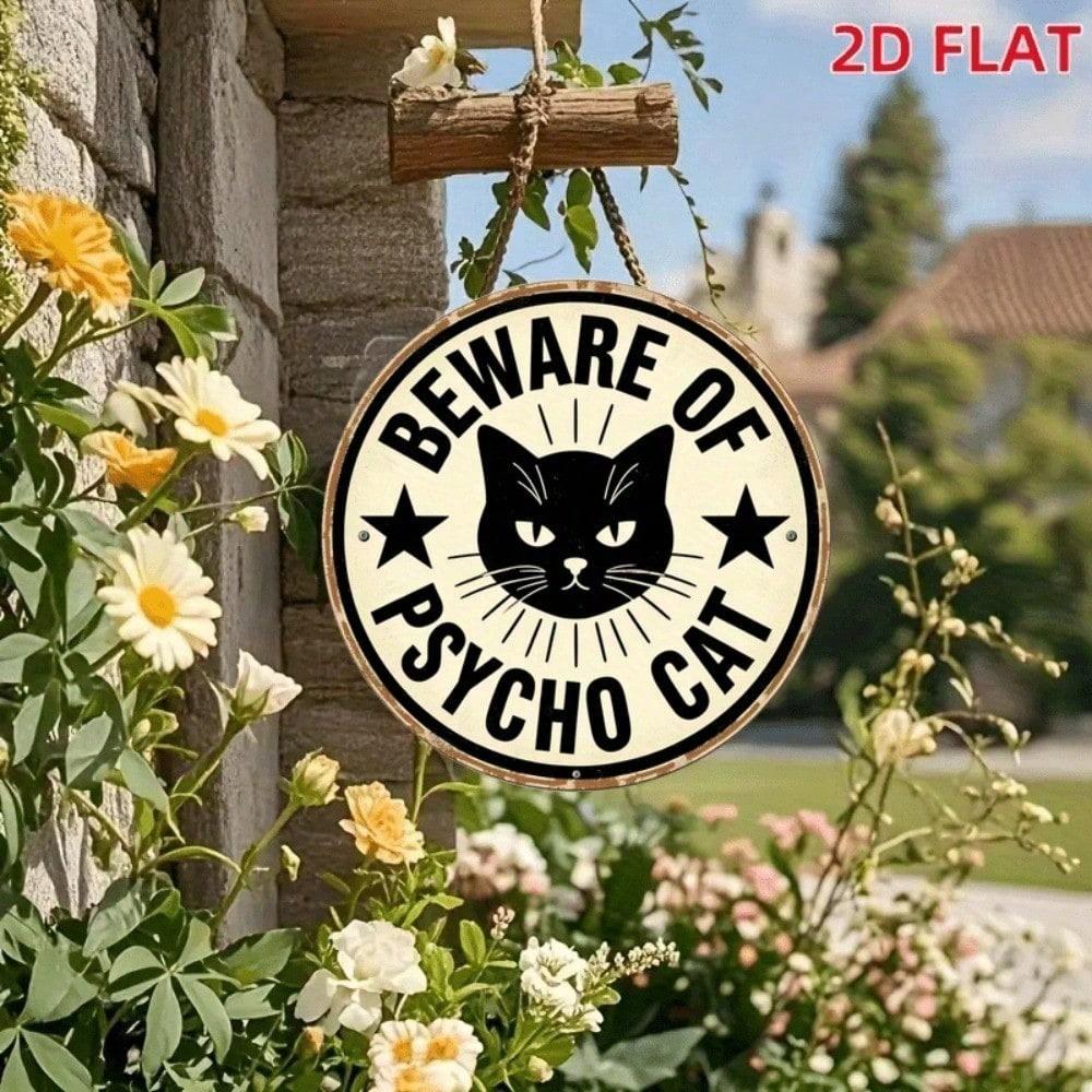 Beware Of Psycho Cat Vintage Aluminum Wall Sign 7.8 Round Rustic Metal Plaque Humorous Home Bar Garage Garden Decor Funny Gift