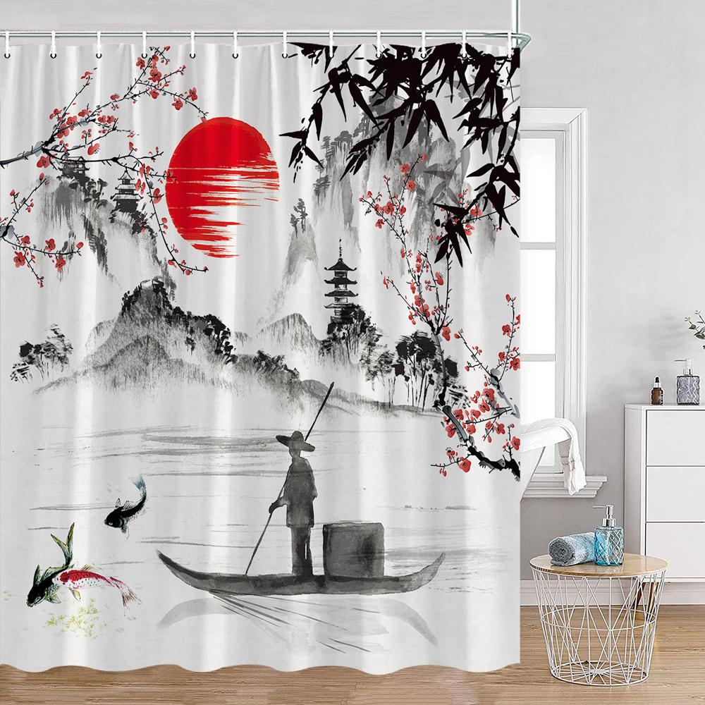 Chinesische Tuschemalerei Duschvorhänge Blühend Rot Sonne Koi Bambus Berglandschaft Badevorhang Polyester Badewannen Dekorationen