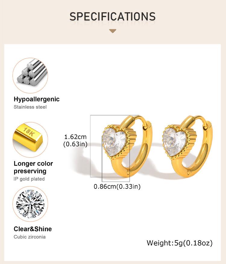 Heart Shape Cubic Zirconia Golden Hoops Earrings Women, Waterproof Stainless Steel Circle Huggies Small Ear Buckle Female Gift