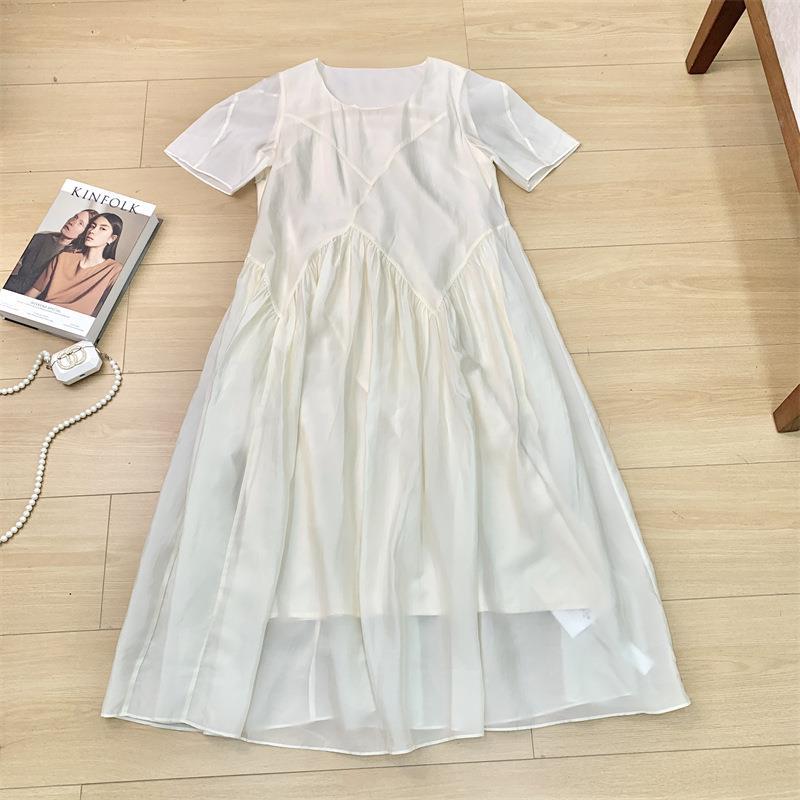 Сказочное медно-аммиачное шелковое плиссированное платье для отпуска женское летнее нишевое с короткими рукавами пышное длинное платье женское прямое чехол S