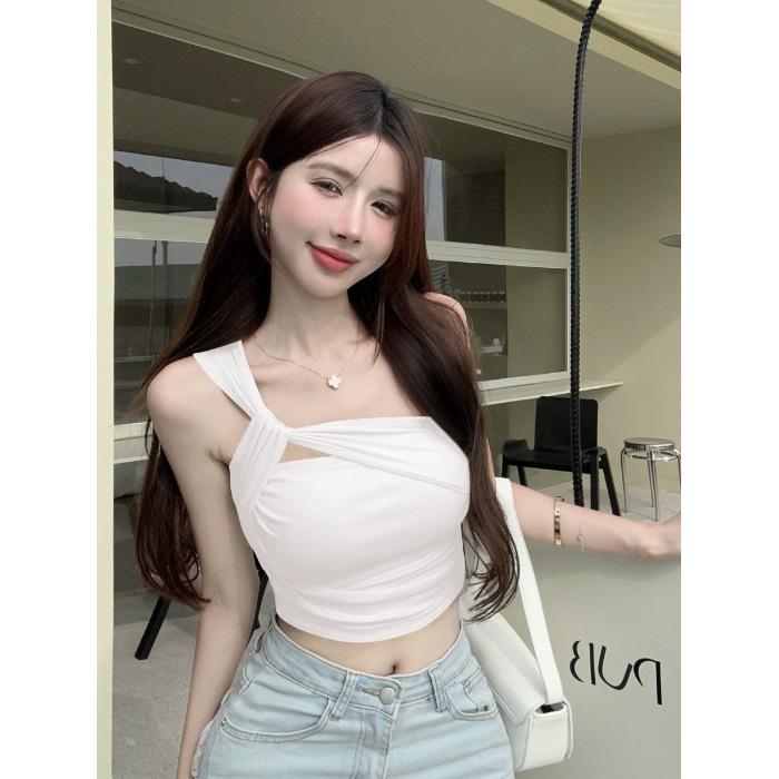 Sweet Spice Girl Shoulder Suspender Small Vest Women's Summer Pure Desire Wind Folded Clavicle Sexy Inside and Outside Short Top