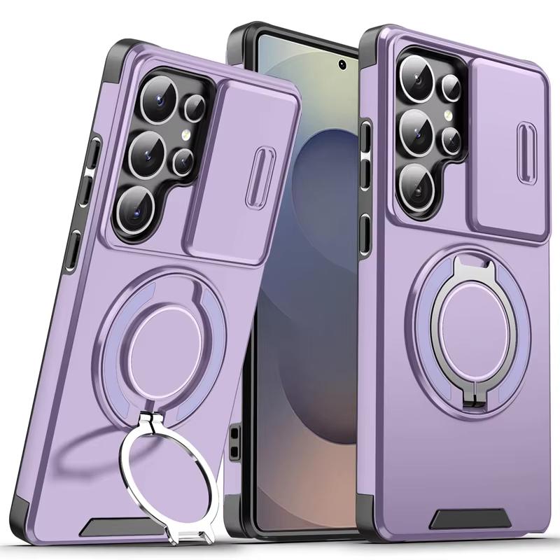 

Armor Magnetic Ring Stand Phone Cases For Samsung Galaxy S25 S24 S23 S22 Ultra Plus S21 FE Case Slide Camera Protection Cover Galaxy S21 фіолетовий