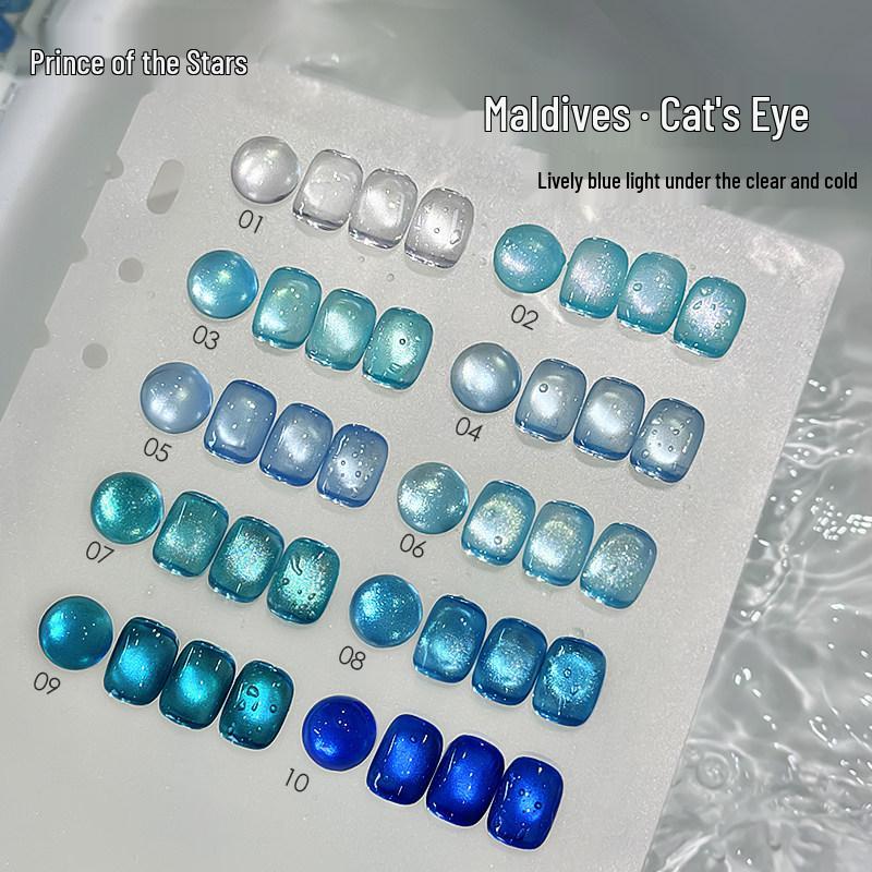 ROLITA Maldives Cat Eye Gel Polish Set - Super Sparkle Blue Pedicure Kit with Transparent Glass Beads.
