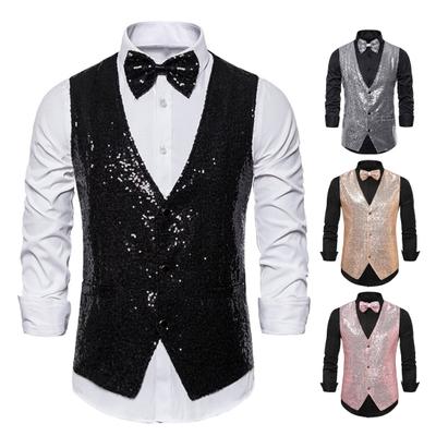 Men Suit Vest V-Neck Sleeveless Single Breasted Stage Show Waistcoat with Pockets Slim Fit Shiny Sequins Bow Tie Weddings Proms Vest