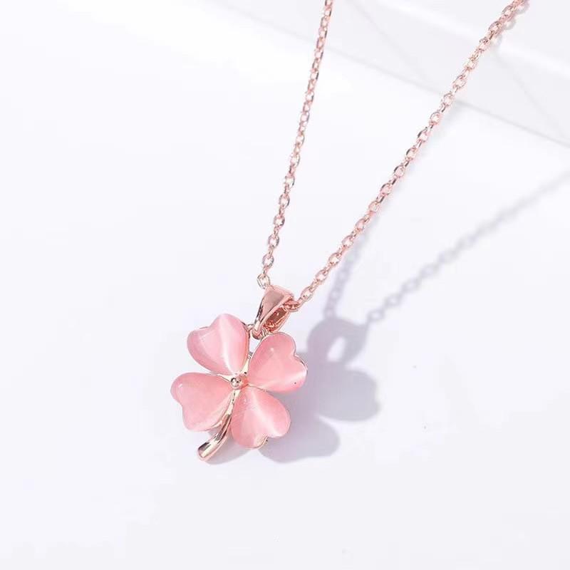 Four-Leaf Clover Bracelet & Cat's Eye Pink Diamond Flower Necklace Set