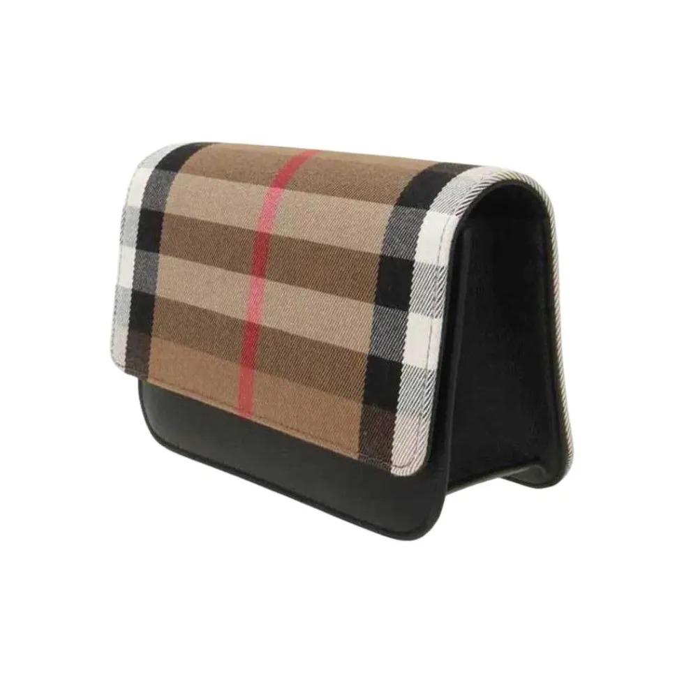 Burberry Classic Check Detachable Adjustable Strap Flap Magnetic Closure Grained Leather Shoulder Crossbody Bag Women's Black