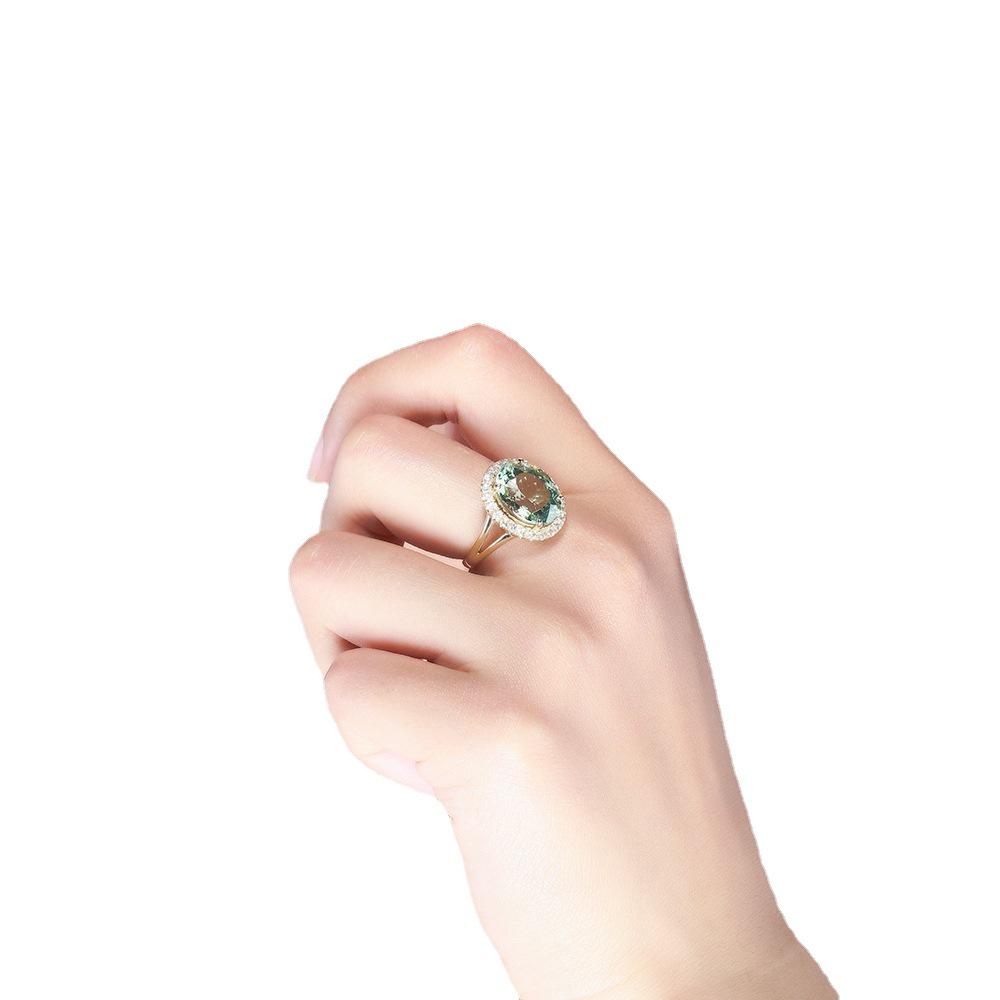 Modny europejski i amerykański pierścionek z zielonym kamieniem szlachetnym i diamentami - Pełny diamentowy mikrozestaw ze srebrną biżuterią