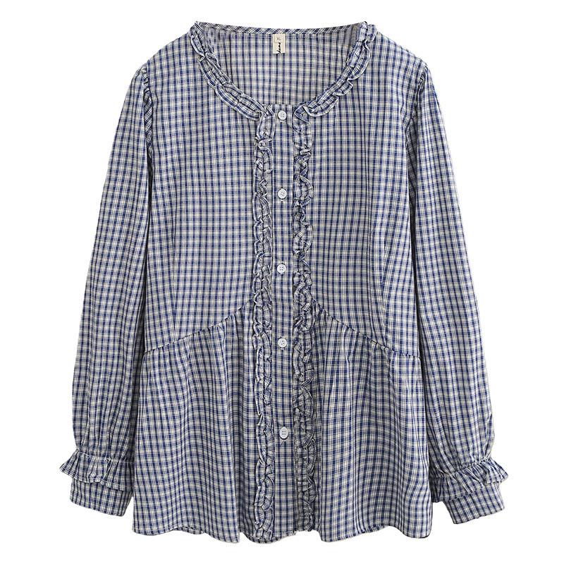 Plaid Plus Size Women's Long Sleeve Lace Round Neck Cardigan - Spring 2026