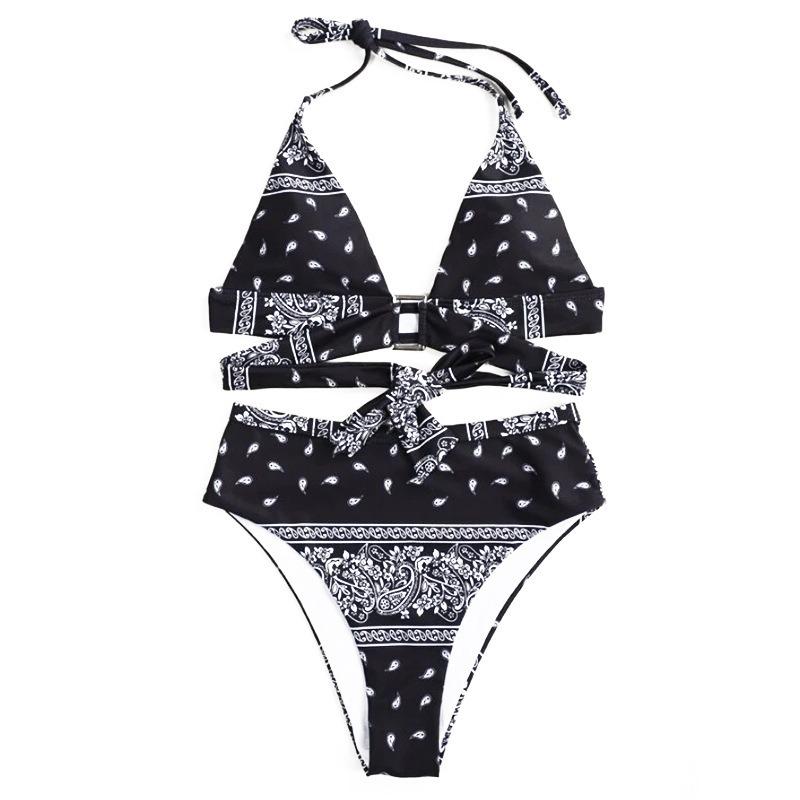 Women's Bandana Paisley Print High Waist Bikini Set, Halter Two Piece Swimsuit